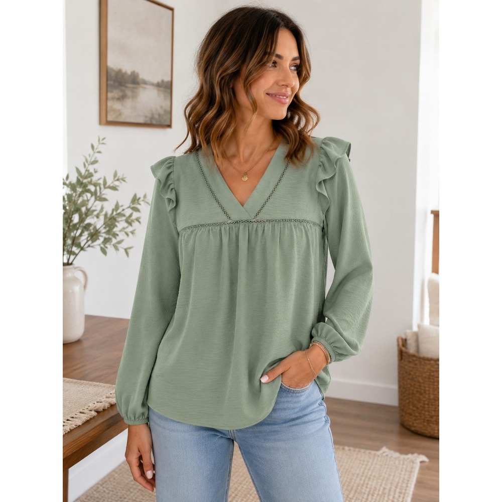 Hope and Harlow Women Small Ruffled Peasant Blouse Sage Green Career Casual Boho